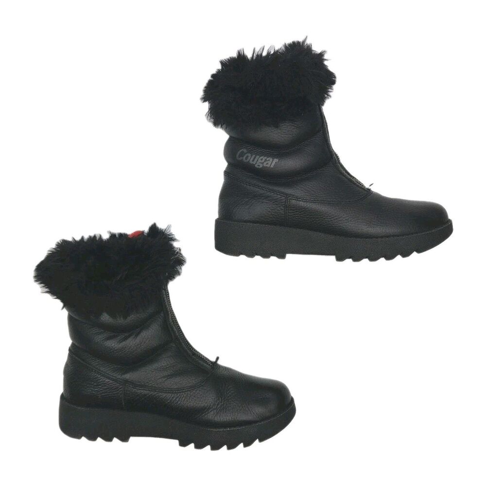 Cougar Boots Winter Faux Fur Puffy Zip Black Leather Boot Women Size 8M Low Heel